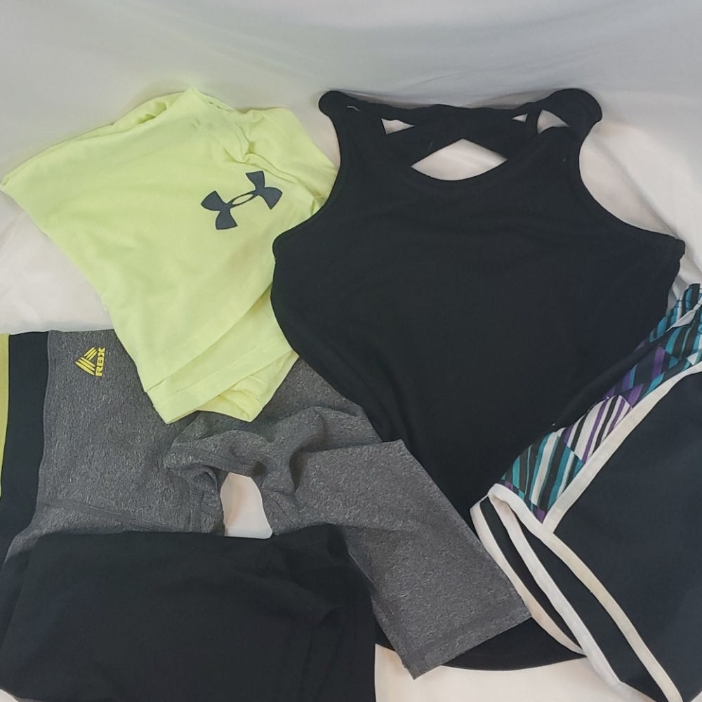 Girls 7/8 BUNDLE of 5 active wear shorts & shirts